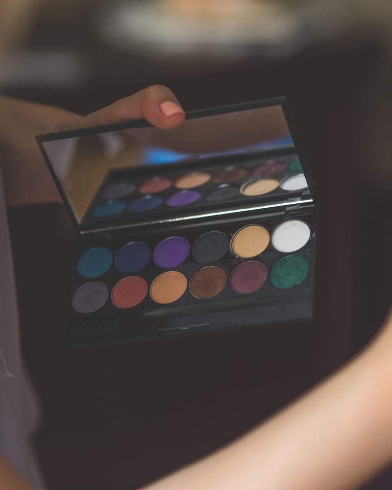 An open eyeshadow palette on the work surface